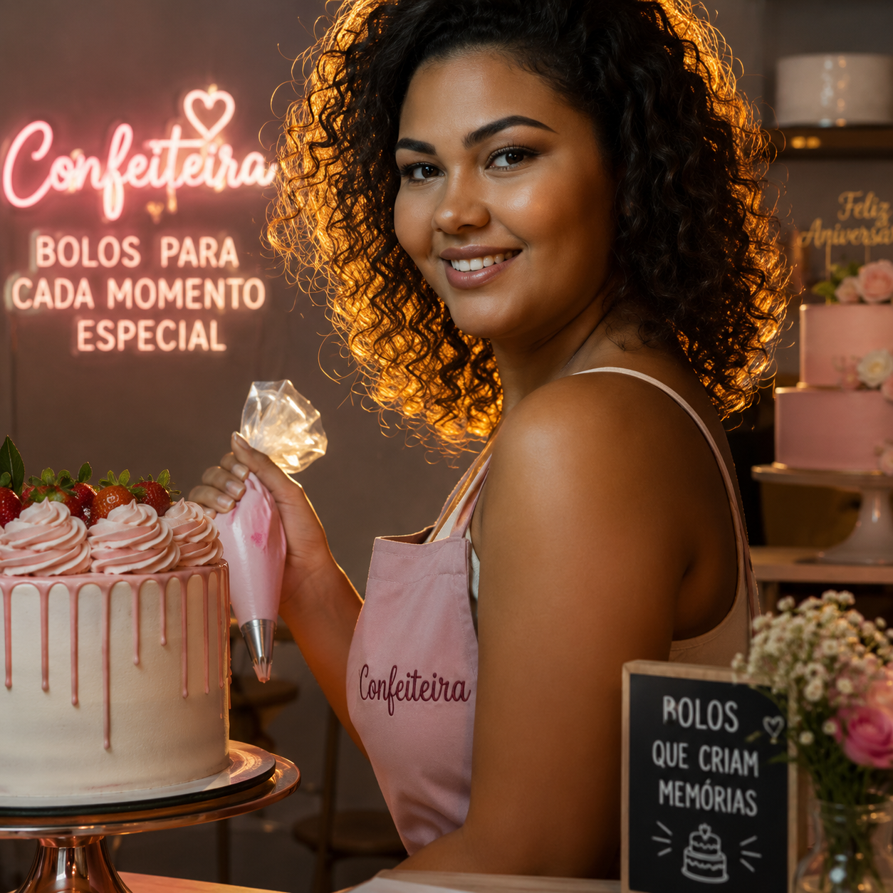 Júlia Costa confeitando um bolo com carinho
